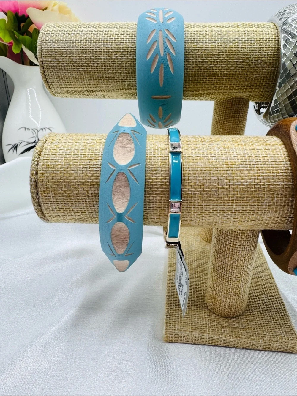 Boho Mixed Bangle Bracelet Lot Blue Wood Silver Floral Statement Bracelets 6 pcs